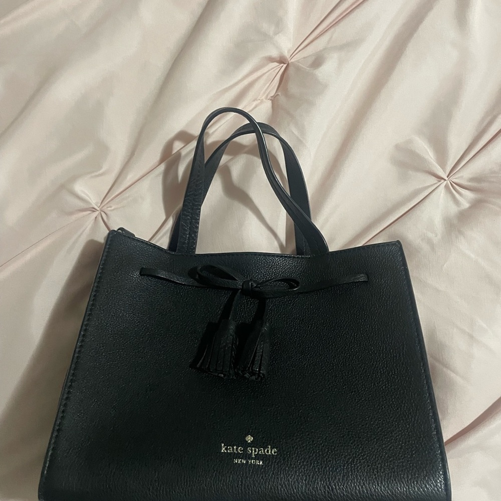 kate spade Black Leather Shoulder Tote with Tassel Bow